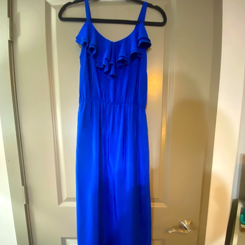 Silk Blue Maxi Dress with Ruffle Accent